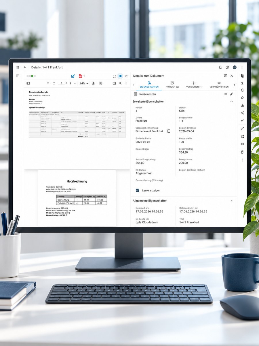 Reisekostenbericht aus HR WORKS mit zugehörigen Belegen und Dokumenteigenschaften in d.velop documents auf einem Monitor. Reisekostenbericht aus HR WORKS mit zugehörigen Belegen und Dokumenteigenschaften in d.velop documents auf einem Monitor.